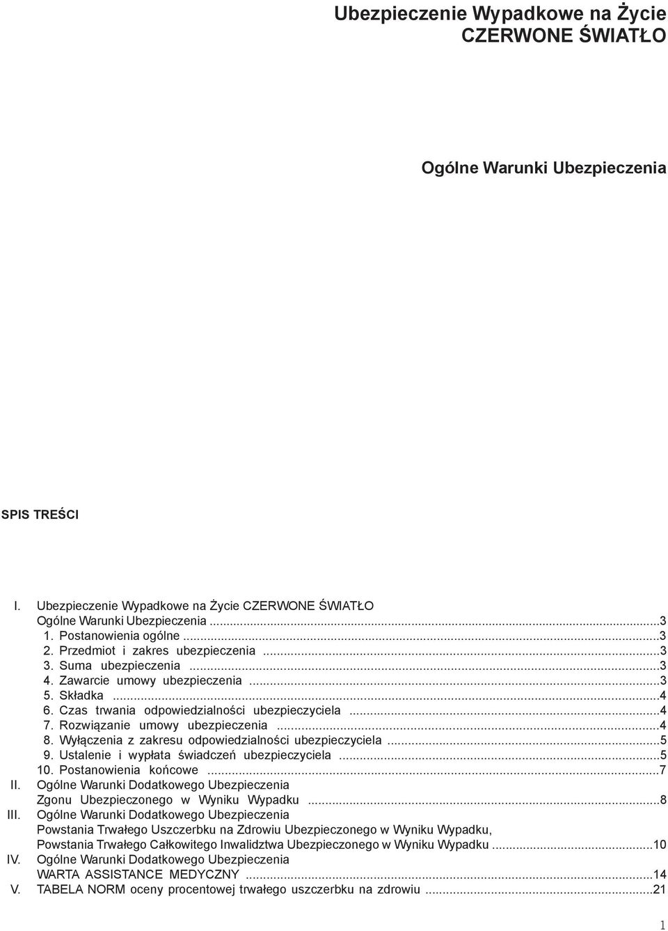 Rozwiązanie umowy ubezpieczenia...4 8. Wyłączenia z zakresu odpowiedzialności ubezpieczyciela...5 9. Ustalenie i wypłata świadczeń ubezpieczyciela...5 10. Postanowienia końcowe...7 II.