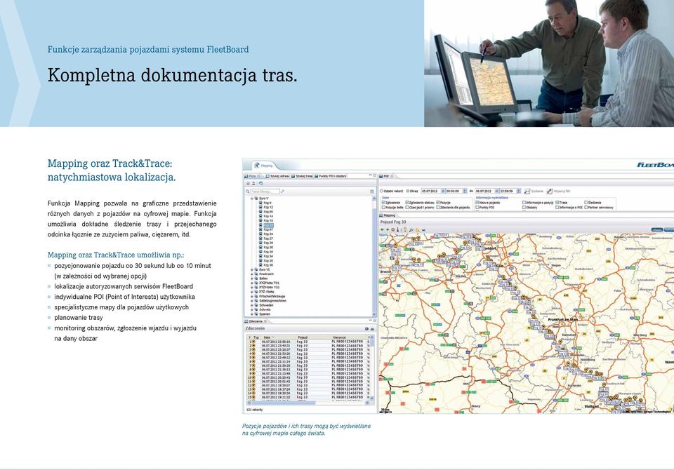 Funkcja umożliwia dokładne śledzenie trasy i przejechanego odcinka łącznie ze zużyciem paliwa, ciężarem, itd. Mapping oraz Track&Trace umożliwia np.