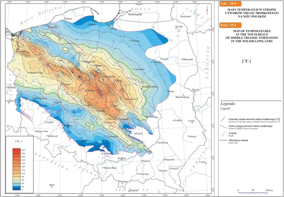 4 54 00 Suwałki Kszalin Elbląg MP OF TEMPERTURES T THE TOP SURFCE OF MIDDLE TRISSIC FORMTION IN THE POLISH LOWLNDS Olsztyn Łmża Bydgszcz Białystk Ostrłęka Truń Ciechanów N I E M C Y Grzów Wlkp.