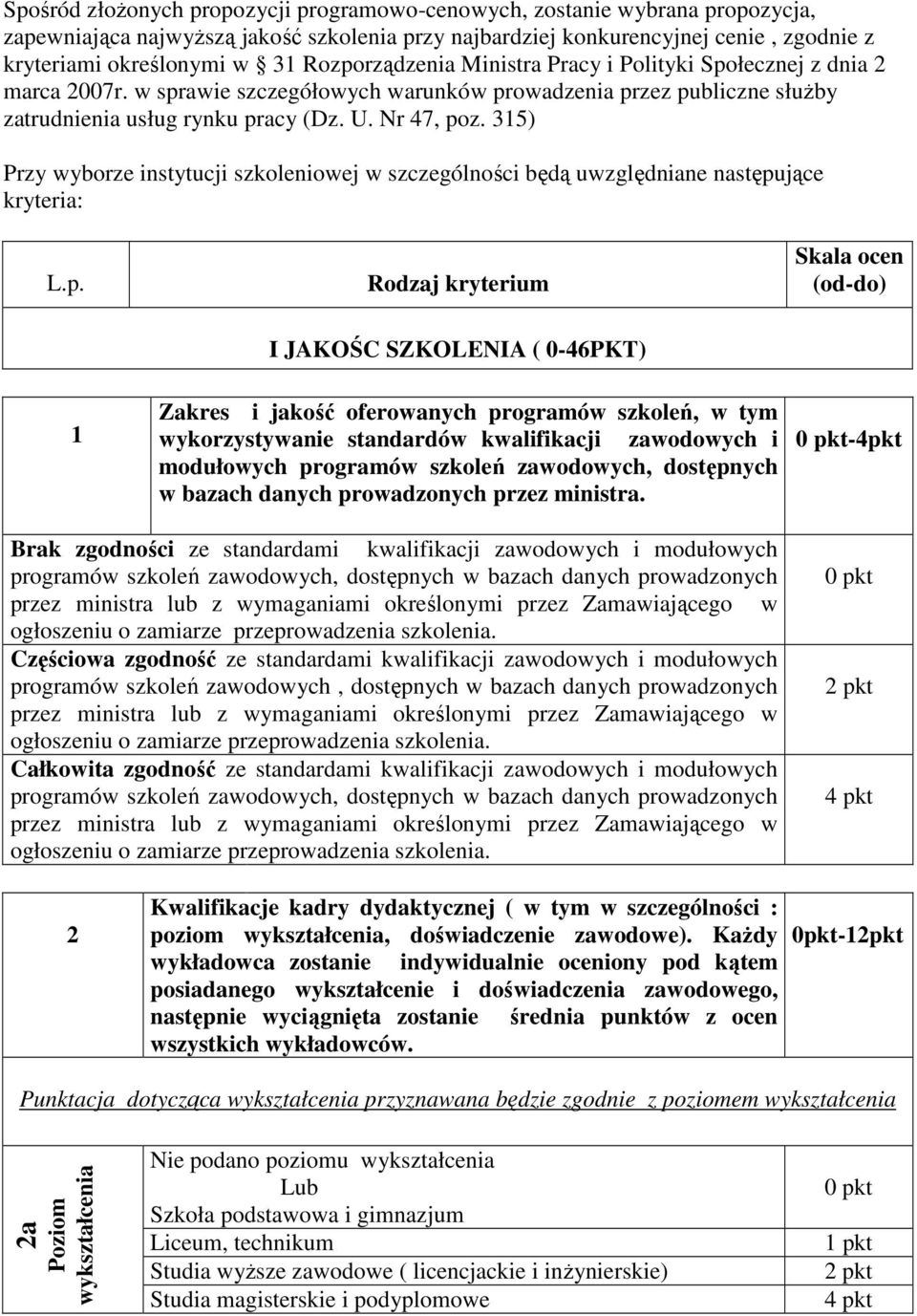 315) Przy wyborze instytucji szkoleniowej w szczególności będą uwzględniane następu