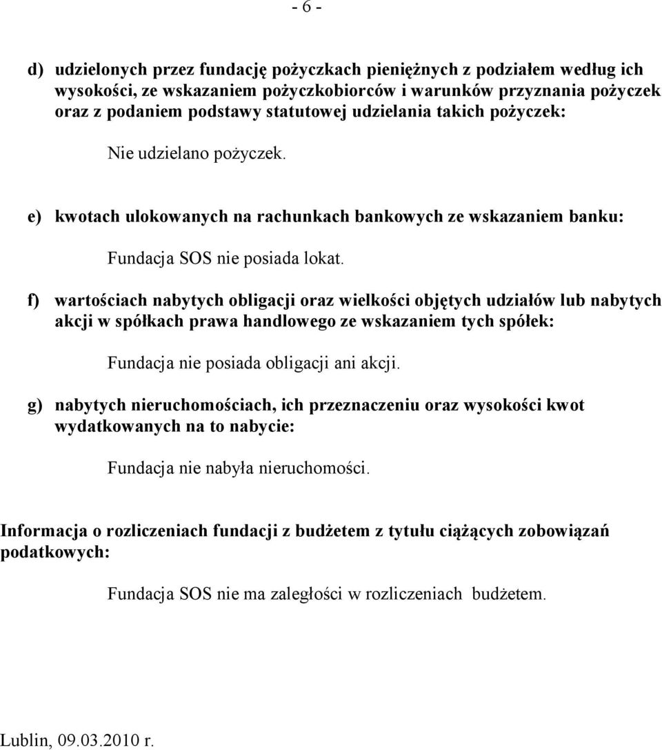 f) wartościach nabytych obligacji oraz wielkości objętych udziałów lub nabytych akcji w spółkach prawa handlowego ze wskazaniem tych spółek: Fundacja nie posiada obligacji ani akcji.