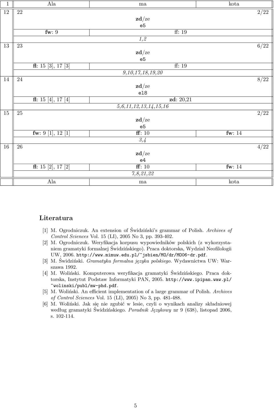 15 (LI), 2005 No 3, pp. 393-402. [2] M. Ogrodniczuk. Weryfikacja korpusu wypowiedników polskich (z wykorzystaniem gramatyki formalnej Świdzińskiego). Praca doktorska, Wydział Neofilologii UW, 2006.