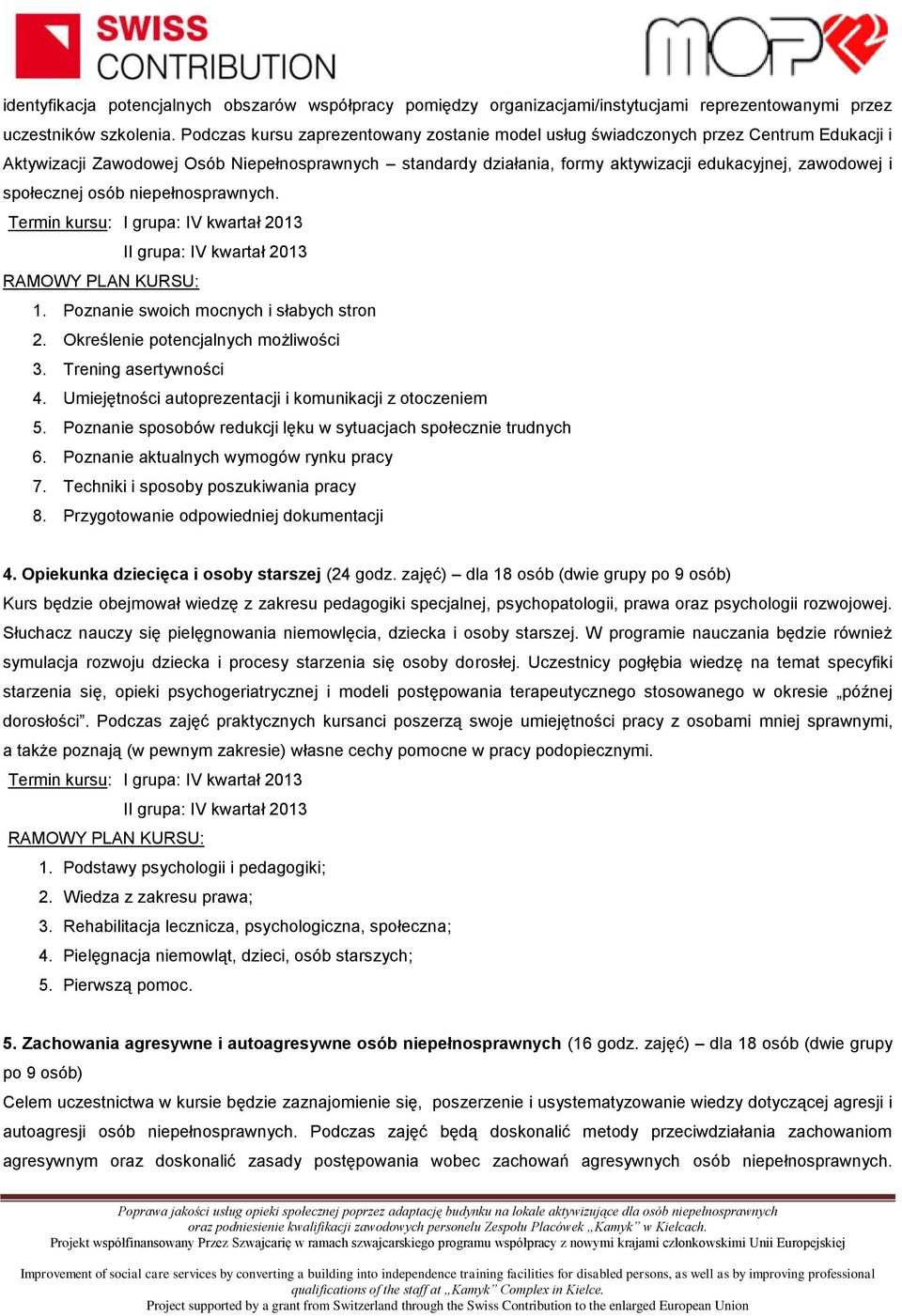 społecznej osób niepełnosprawnych. 1. Poznanie swoich mocnych i słabych stron 2. Określenie potencjalnych możliwości 3. Trening asertywności 4.