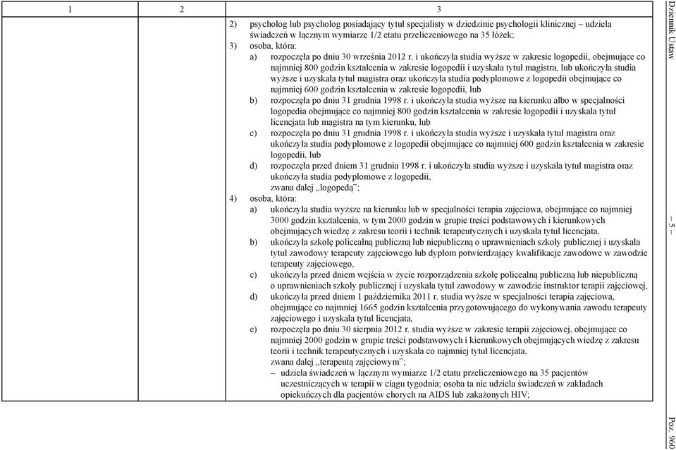 i ukończyła studia wyższe w zakresie logopedii, obejmujące co najmniej 800 godzin kształcenia w zakresie logopedii i uzyskała tytuł magistra, lub ukończyła studia wyższe i uzyskała tytuł magistra