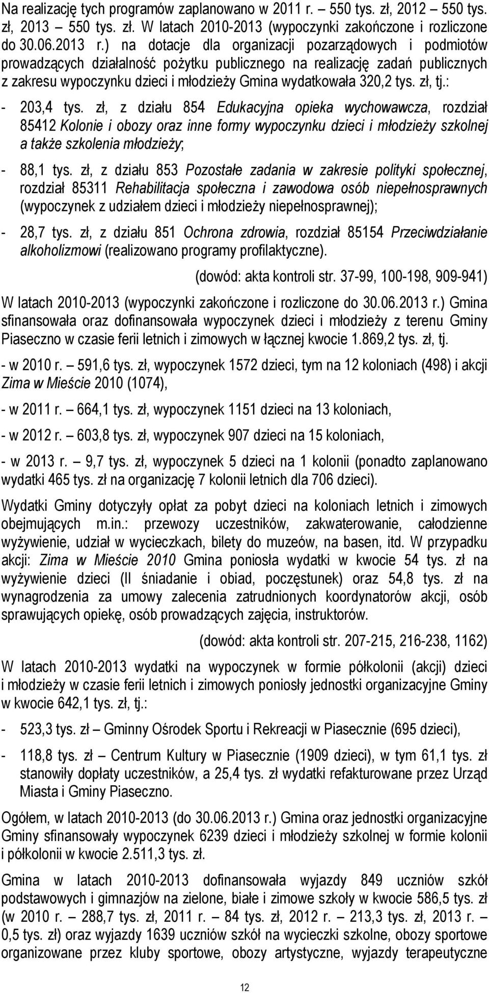 zł, tj.: - 203,4 tys. zł, z działu 854 Edukacyjna opieka wychowawcza, rozdział 85412 Kolonie i obozy oraz inne formy wypoczynku dzieci i młodzieży szkolnej a także szkolenia młodzieży; - 88,1 tys.