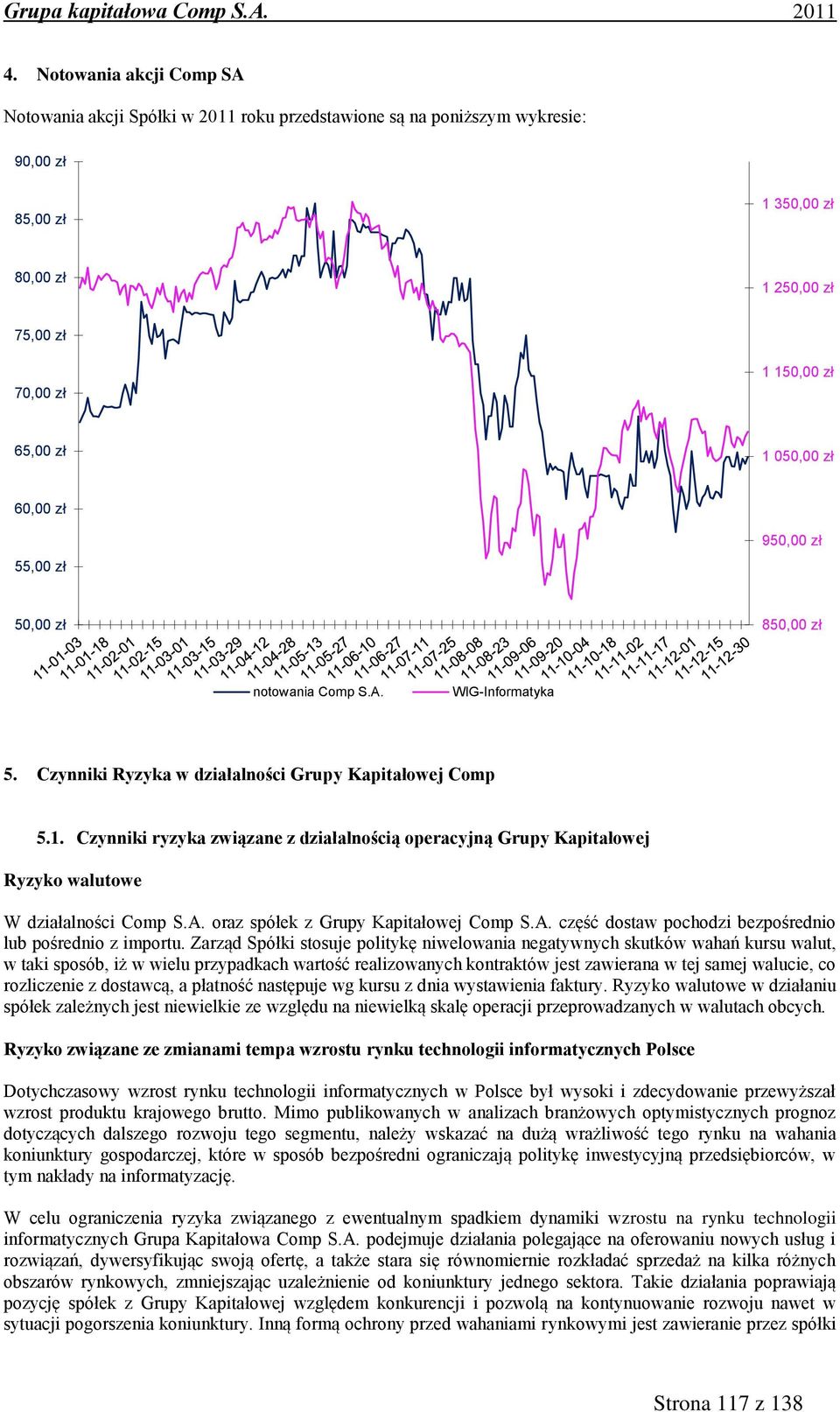 Czynniki ryzyka związane z działalnością operacyjną Grupy Kapitałowej Ryzyko walutowe W działalności Comp oraz spółek z Grupy Kapitałowej Comp część staw pochodzi bezpośrednio lub pośrednio z importu.