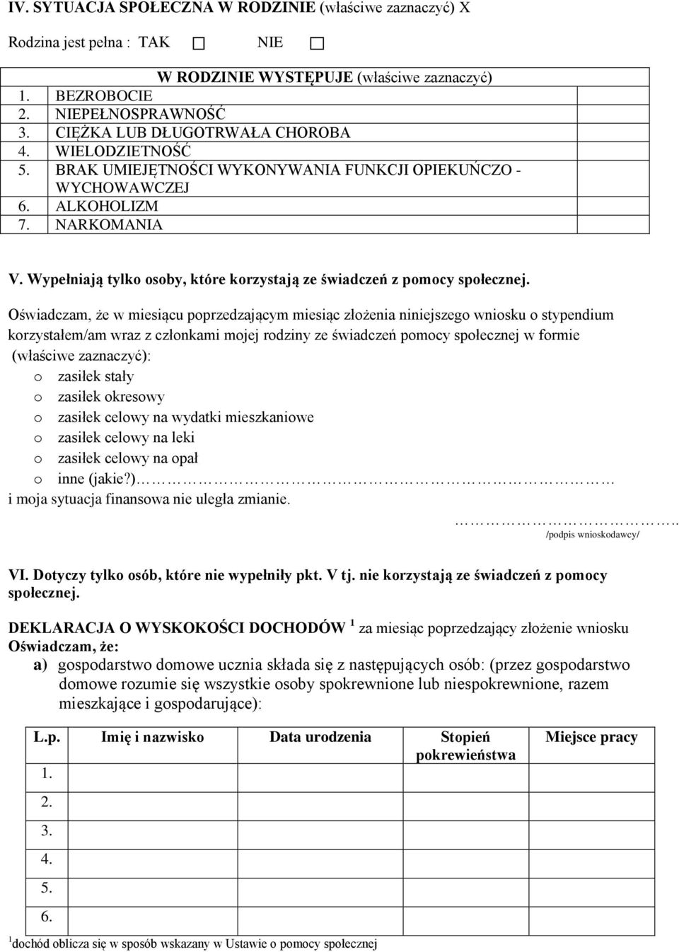 Oświadczam, że w miesiącu poprzedzającym miesiąc złożenia niniejszego wniosku o stypendium korzystałem/am wraz z członkami mojej rodziny ze świadczeń pomocy społecznej w formie (właściwe zaznaczyć):