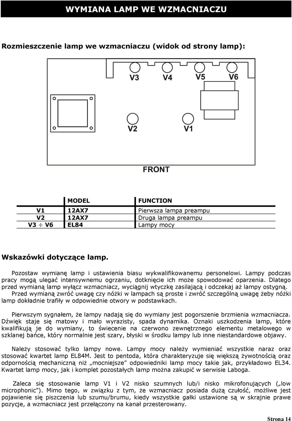 Dlatego przed wymianą lamp wyłącz wzmacniacz, wyciągnij wtyczkę zasilającą i odczekaj aż lampy ostygną.