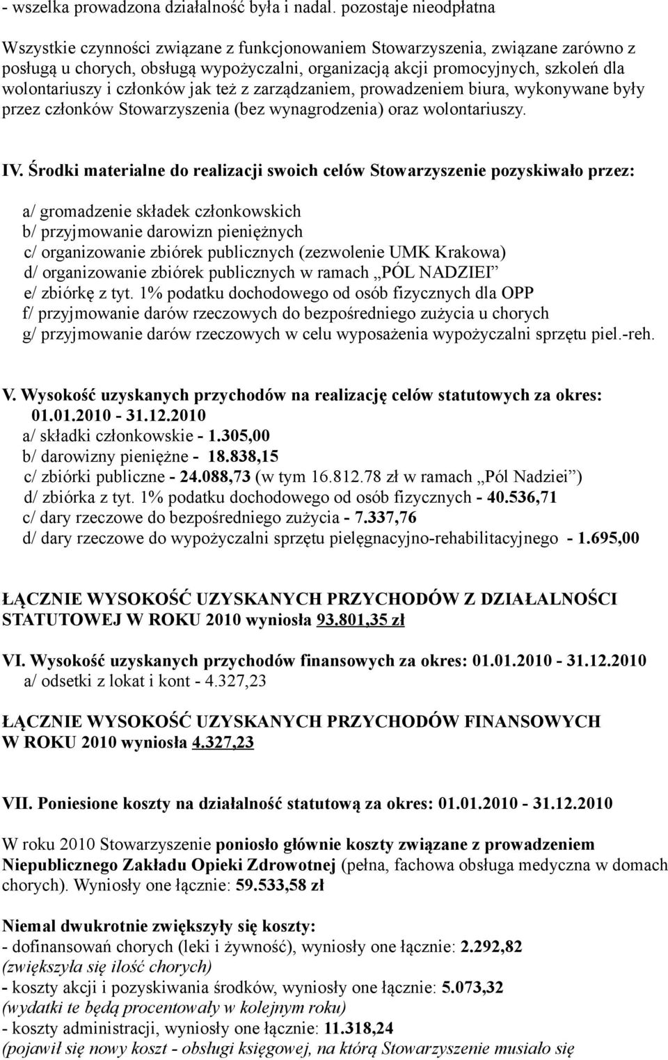 wolontariuszy i członków jak też z zarządzaniem, prowadzeniem biura, wykonywane były przez członków Stowarzyszenia (bez wynagrodzenia) oraz wolontariuszy. IV.