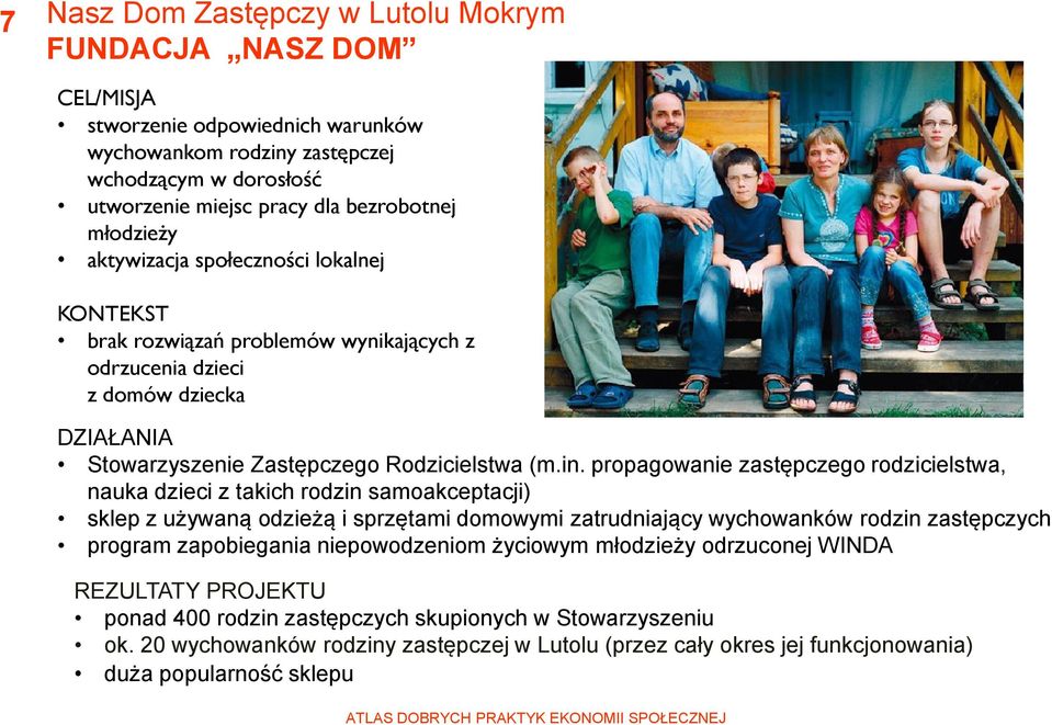 propagowanie zastępczego rodzicielstwa, nauka dzieci z takich rodzin samoakceptacji) sklep z używaną odzieżą i sprzętami domowymi zatrudniający wychowanków rodzin zastępczych program zapobiegania