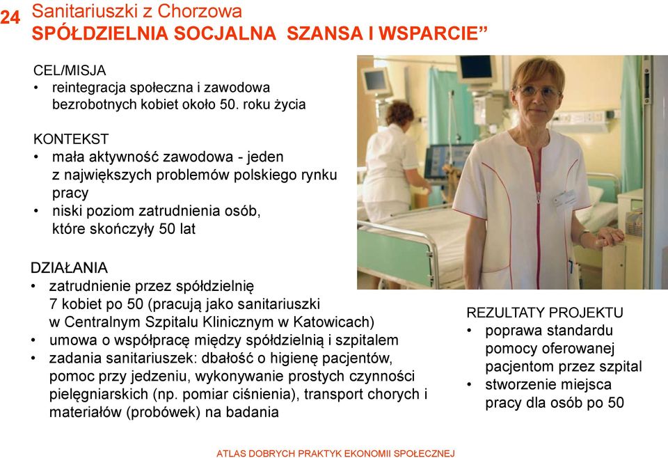 kobiet po 50 (pracują jako sanitariuszki w Centralnym Szpitalu Klinicznym w Katowicach) umowa o współpracę między spółdzielnią i szpitalem zadania sanitariuszek: dbałość o higienę pacjentów, pomoc