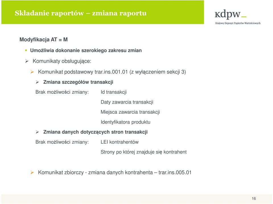 01 (z wyłączeniem sekcji 3) Zmiana szczegółów transakcji Brak możliwości zmiany: Id transakcji Daty zawarcia transakcji Miejsca