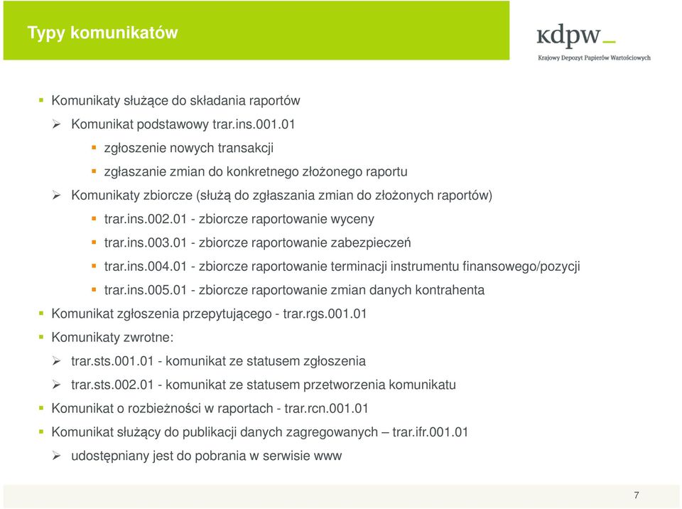 01 - zbiorcze raportowanie wyceny trar.ins.003.01 - zbiorcze raportowanie zabezpieczeń trar.ins.004.01 - zbiorcze raportowanie terminacji instrumentu finansowego/pozycji trar.ins.005.