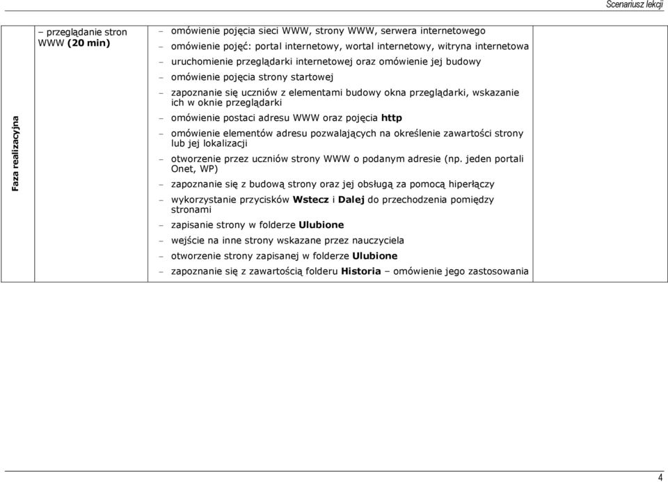 przeglądarki - omówienie postaci adresu WWW oraz pojęcia http - omówienie elementów adresu pozwalających na określenie zawartości strony lub jej lokalizacji - otworzenie przez uczniów strony WWW o