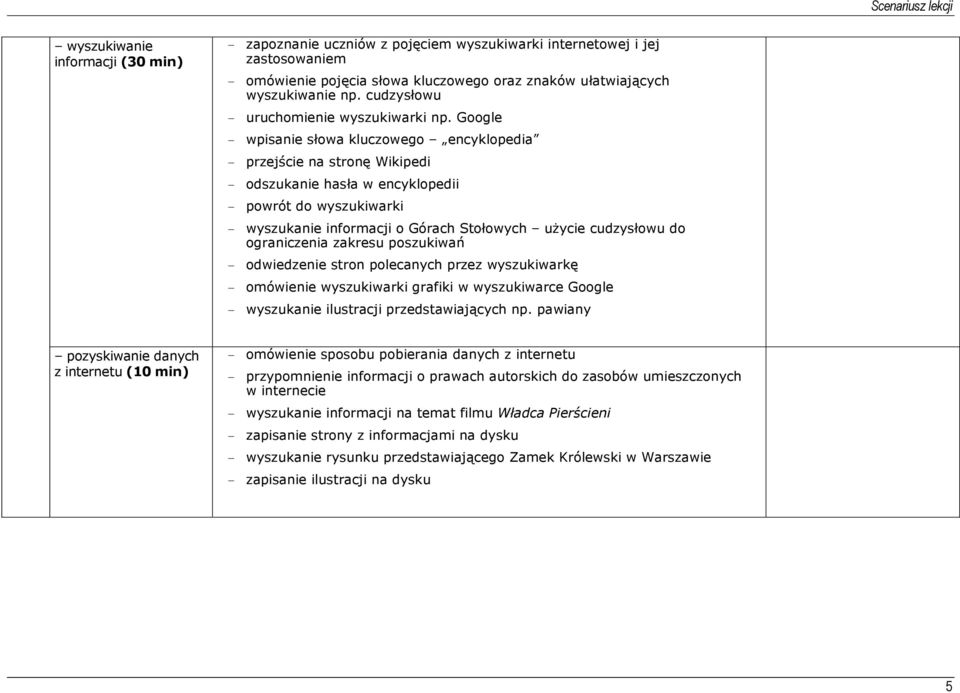 Google - wpisanie słowa kluczowego encyklopedia - przejście na stronę Wikipedi - odszukanie hasła w encyklopedii - powrót do wyszukiwarki - wyszukanie informacji o Górach Stołowych użycie cudzysłowu