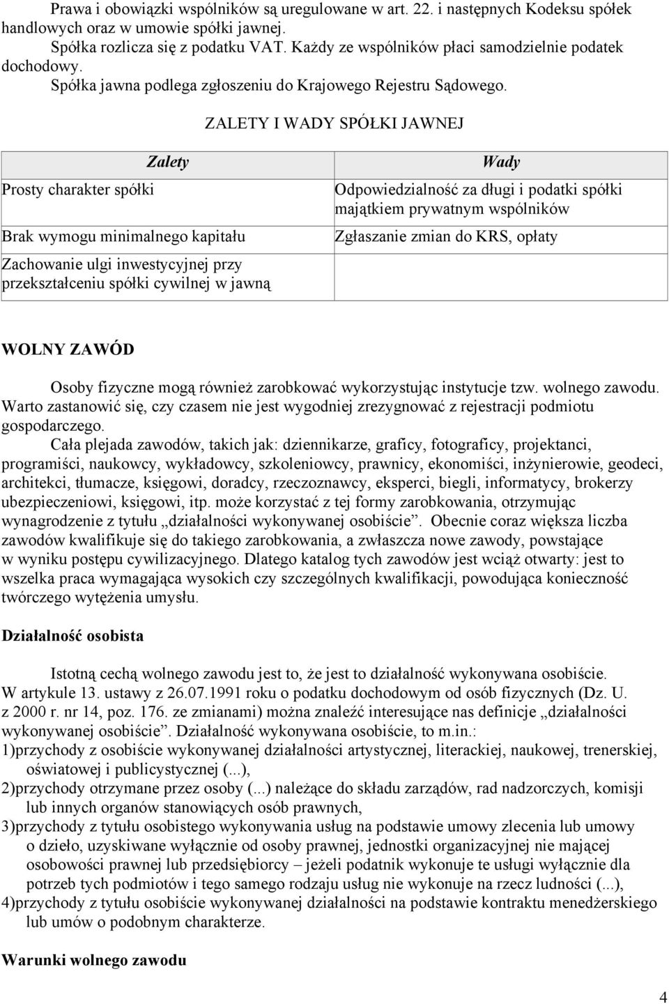 ZALETY I WADY SPÓŁKI JAWNEJ Prosty charakter spółki Zalety Brak wymogu minimalnego kapitału Zachowanie ulgi inwestycyjnej przy przekształceniu spółki cywilnej w jawną Wady Odpowiedzialność za długi i