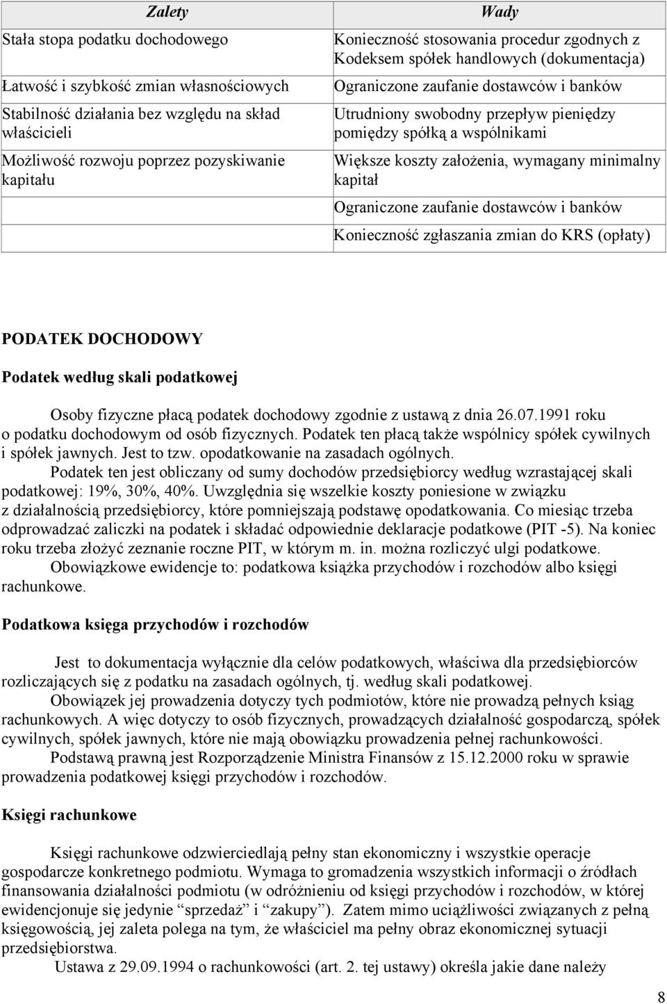 założenia, wymagany minimalny kapitał Ograniczone zaufanie dostawców i banków Konieczność zgłaszania zmian do KRS (opłaty) PODATEK DOCHODOWY Podatek według skali podatkowej Osoby fizyczne płacą