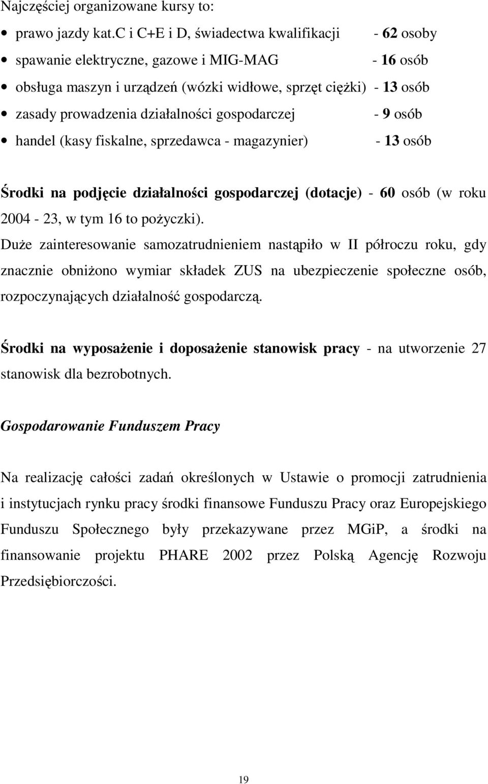 gospodarczej - 9 osób handel (kasy fiskalne, sprzedawca - magazynier) - 13 osób rodki na podjcie działalnoci gospodarczej (dotacje) - 60 osób (w roku 2004-23, w tym 16 to poyczki).