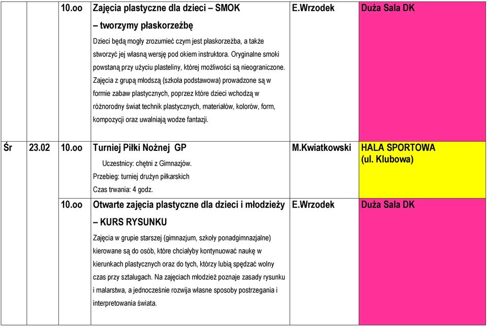 Zajęcia z grupą młodszą (szkoła podstawowa) prowadzone są w formie zabaw plastycznych, poprzez które dzieci wchodzą w różnorodny świat technik plastycznych, materiałów, kolorów, form, kompozycji oraz