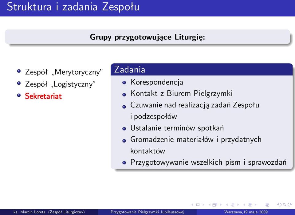 Czuwanie nad realizacją zadań Zespołu i podzespołów Ustalanie terminów spotkań