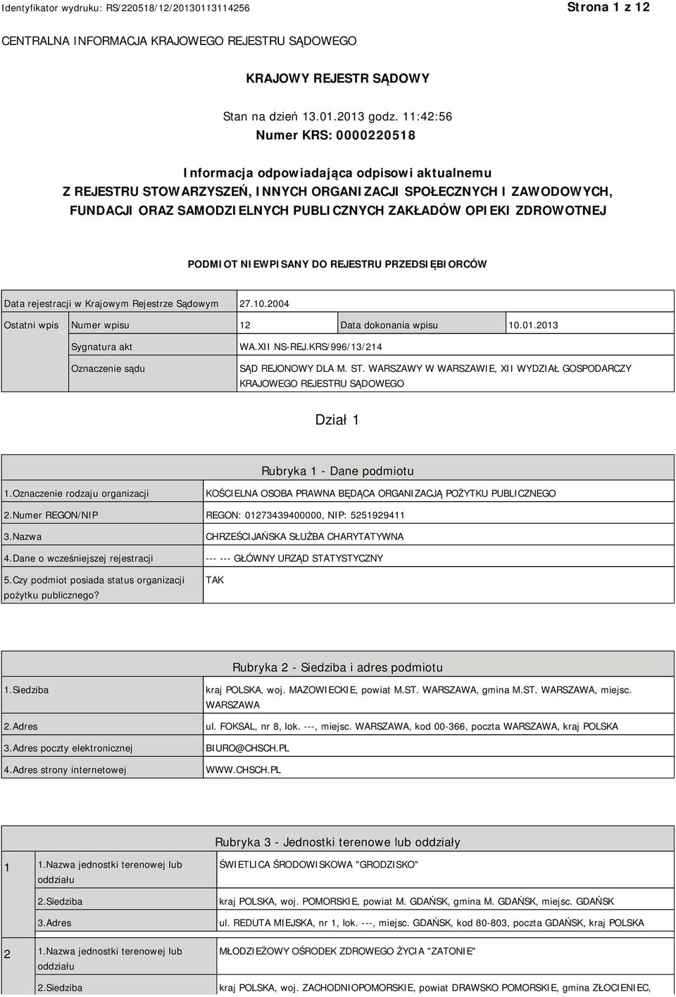 OPIEKI ZDROWOTNEJ PODMIOT NIEWPISANY DO REJESTRU PRZEDSIĘBIORCÓW Data rejestracji w Krajowym Rejestrze Sądowym 27.10.2004 Ostatni wpis Numer wpisu 12 Data dokonania wpisu 10.01.