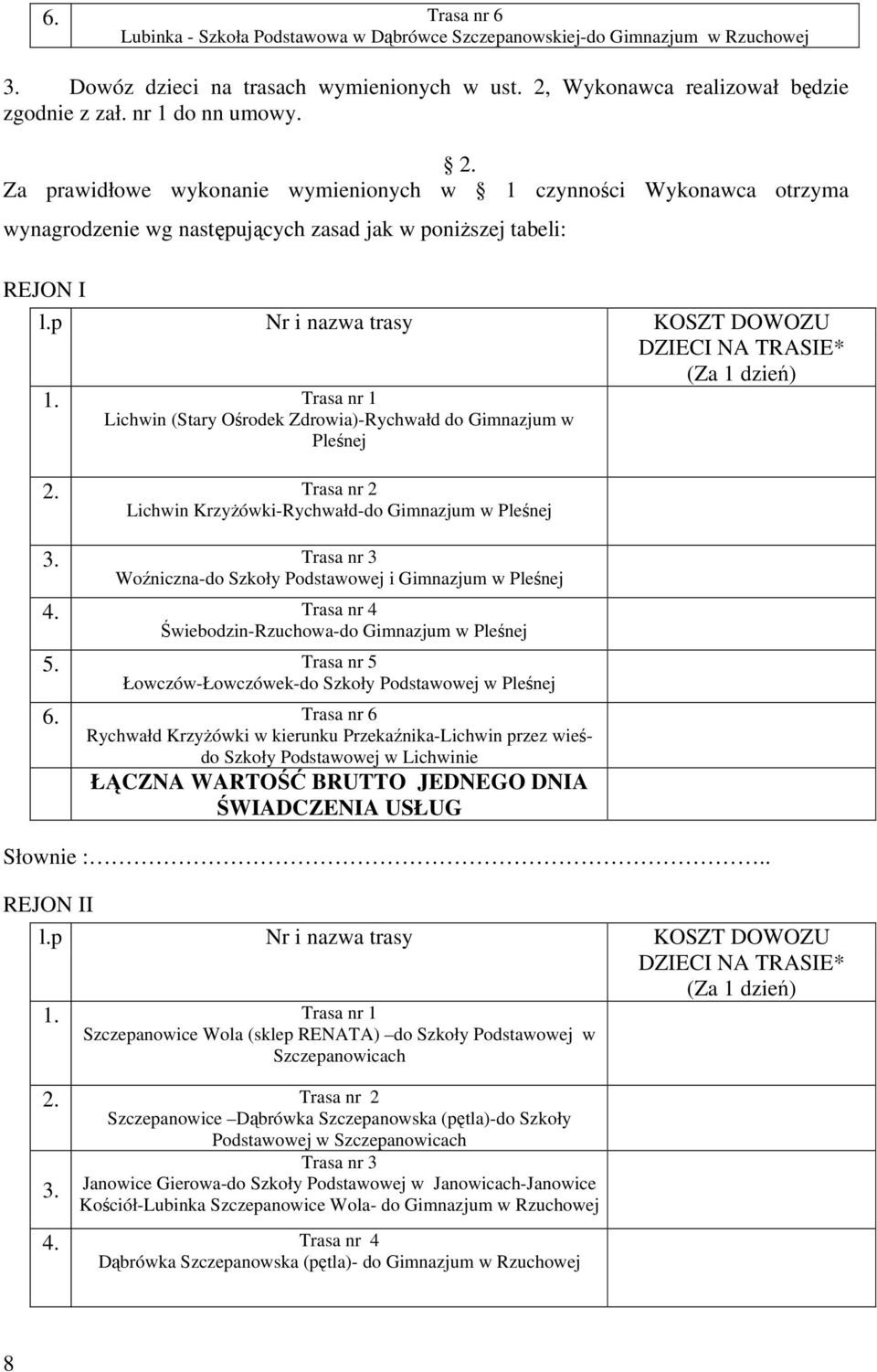 p Nr i nazwa trasy KOSZT DOWOZU DZIECI NA TRASIE* (Za 1 dzień) Lichwin (Stary Ośrodek Zdrowia)-Rychwałd do Gimnazjum w Pleśnej Lichwin Krzyżówki-Rychwałd-do Gimnazjum w Pleśnej 3.