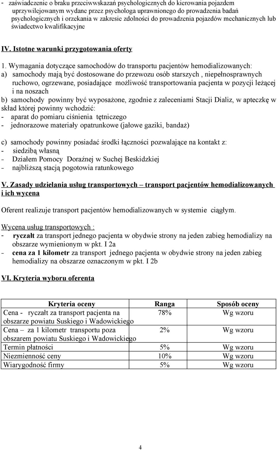 Wymagania dotyczące samochodów do transportu pacjentów hemodializowanych: a) samochody mają być dostosowane do przewozu osób starszych, niepełnosprawnych ruchowo, ogrzewane, posiadające możliwość