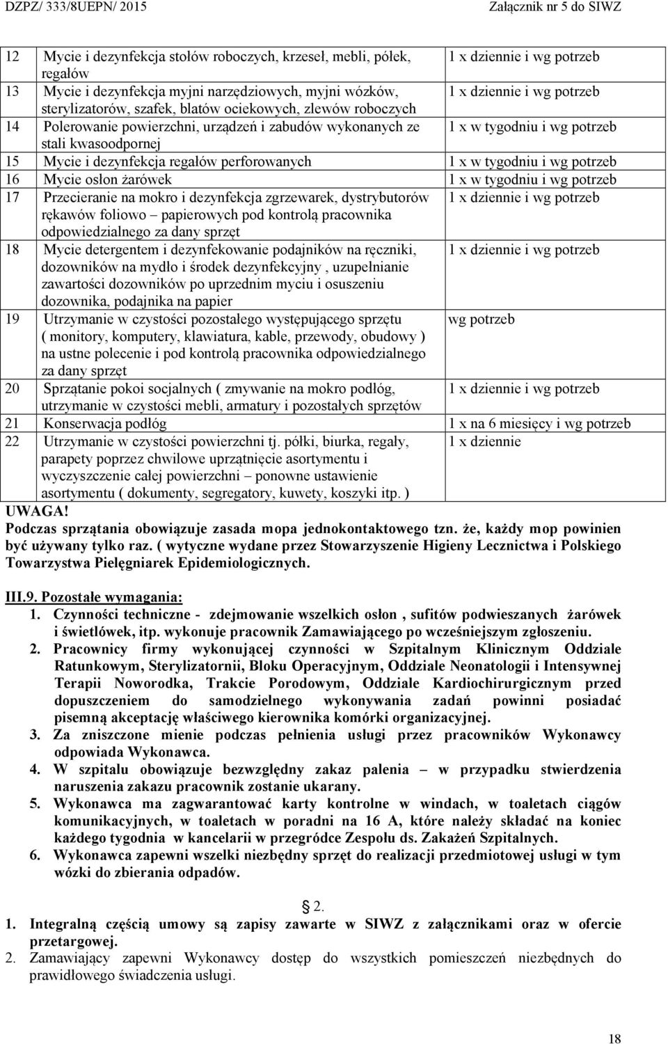 x w tygodniu i wg potrzeb 16 Mycie osłon żarówek 1 x w tygodniu i wg potrzeb 17 Przecieranie na mokro i dezynfekcja zgrzewarek, dystrybutorów 1 x dziennie i wg potrzeb rękawów foliowo papierowych pod