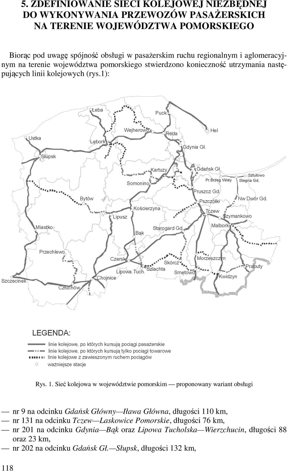 1. Sieć kolejowa w województwie pomorskim proponowany wariant obsługi nr 9 na odcinku Gdańsk Główny Iława Główna, długości 110 km, nr 131 na odcinku Tczew