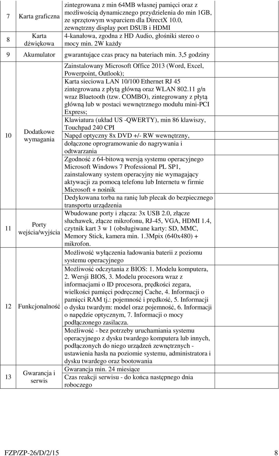 3,5 godziny 10 11 Dodatkowe wymagania Porty wejścia/wyjścia 12 Funkcjonalność 13 Gwarancja i serwis Zainstalowany Microsoft Office 2013 (Word, Excel, Powerpoint, Outlook); Karta sieciowa LAN 10/100
