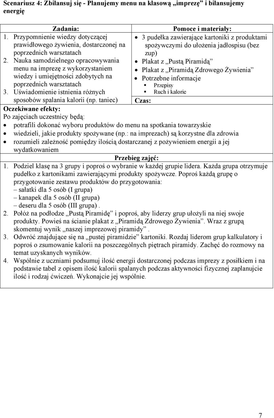 Nauka samodzielnego opracowywania 3 pudełka zawierające kartoniki z produktami spożywczymi do ułożenia jadłospisu (bez zup) Plakat z Pustą Piramidą menu na imprezę z wykorzystaniem Plakat z Piramidą