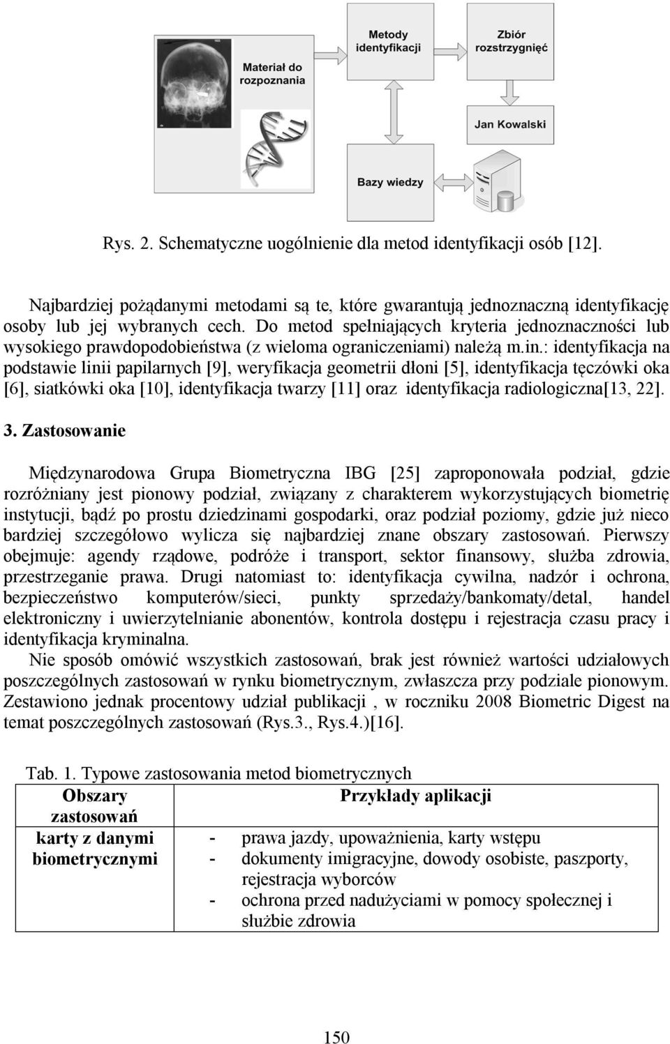 : identyfikacja na podstawie linii papilarnych [9], weryfikacja geometrii dłoni [5], identyfikacja tęczówki oka [6], siatkówki oka [10], identyfikacja twarzy [11] oraz identyfikacja radiologiczna[13,