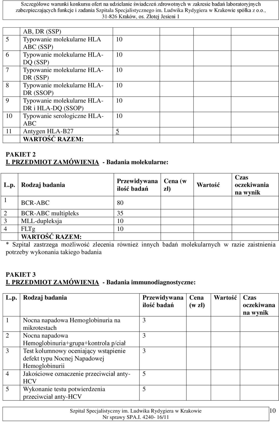 wanie serologiczne HLA- 10 ABC 11 Antygen HLA-B27 WARTOŚĆ RAZEM: PAKIET 2 I. PRZEDMIOT ZAMÓWIENIA - Badania molekularne: L.p.