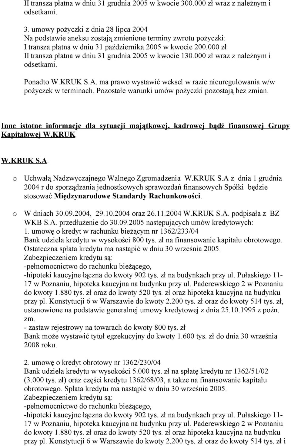 Pozostałe warunki umów pożyczki pozostają bez zmian. Inne istotne informacje dla sytuacji majątkowej, kadrowej bądź finansowej Grupy Kapitałowej W.KRUK W.KRUK S.A.