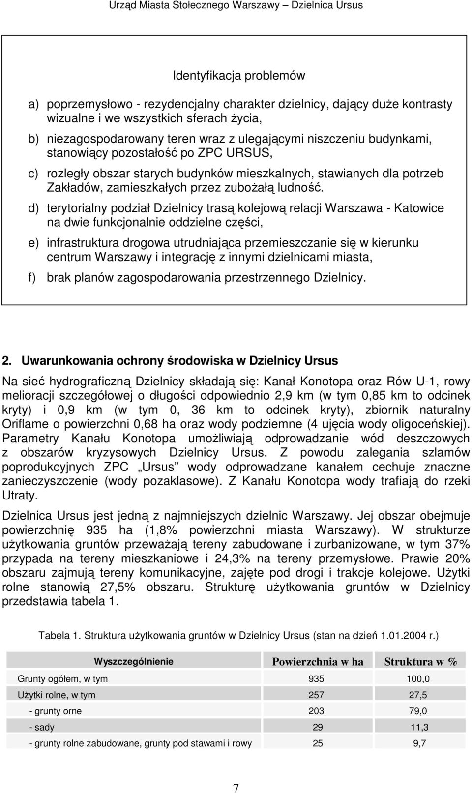 d) terytorialny podział Dzielnicy trasą kolejową relacji Warszawa - Katowice na dwie funkcjonalnie oddzielne części, e) infrastruktura drogowa utrudniająca przemieszczanie się w kierunku centrum