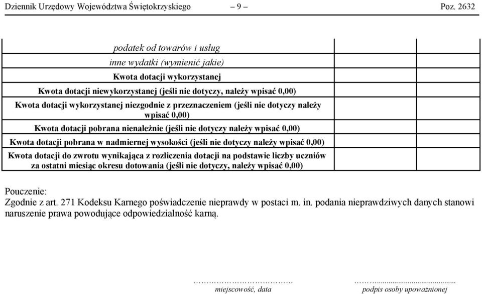 z przeznaczeniem (jeśli nie dotyczy należy wpisać 0,00) Kwota dotacji pobrana nienależnie (jeśli nie dotyczy należy wpisać 0,00) Kwota dotacji pobrana w nadmiernej wysokości (jeśli nie dotyczy należy