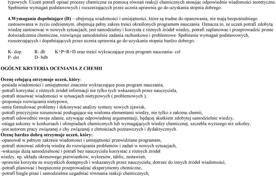 Wymagania dopełniające (D) obejmują wiadomości i umiejętności, które są trudne do opanowania, nie mają bezpośredniego zastosowania w życiu codziennym, obejmują pełny zakres treści określonych