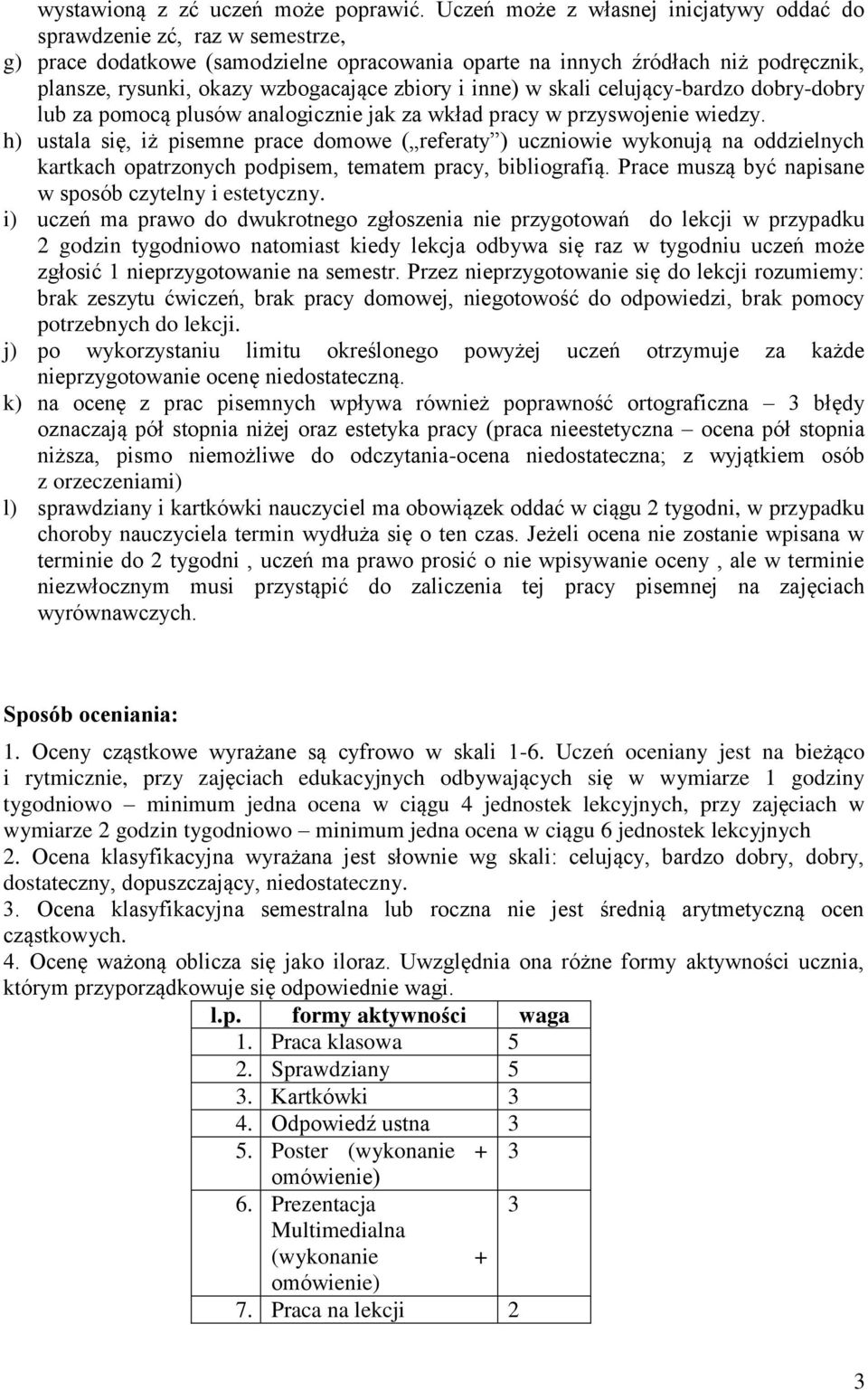 zbiory i inne) w skali celujący-bardzo dobry-dobry lub za pomocą plusów analogicznie jak za wkład pracy w przyswojenie wiedzy.