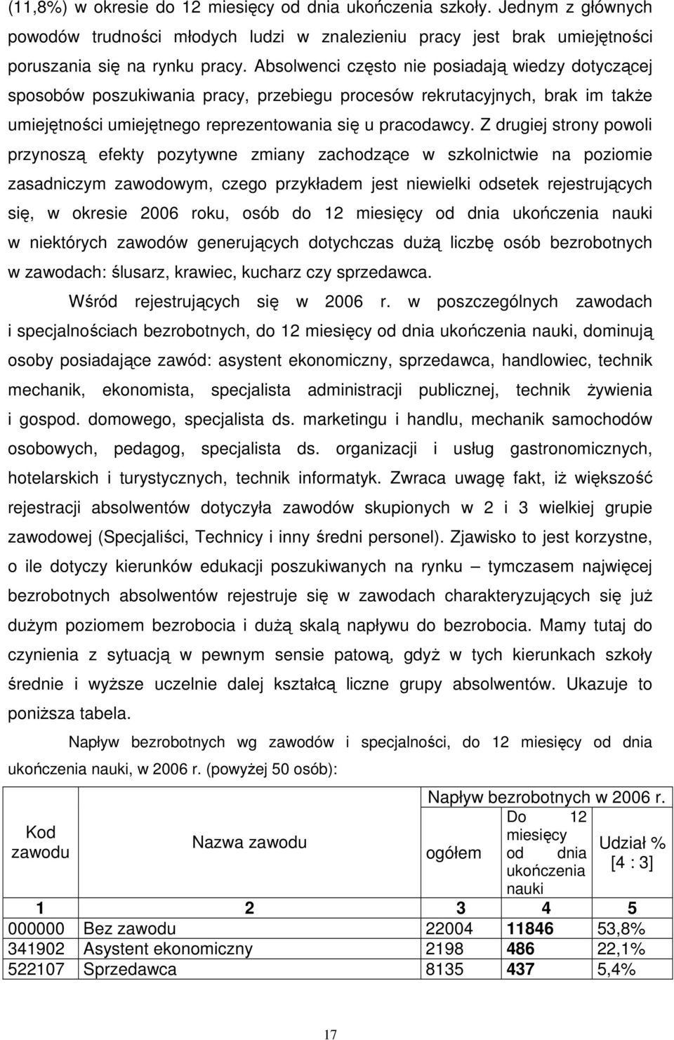 Z drugiej strony powoli przynoszą efekty pozytywne zmiany zachodzące w szkolnictwie na poziomie zasadniczym zawodowym, czego przykładem jest niewielki odsetek rejestrujących się, w okresie 2006 roku,