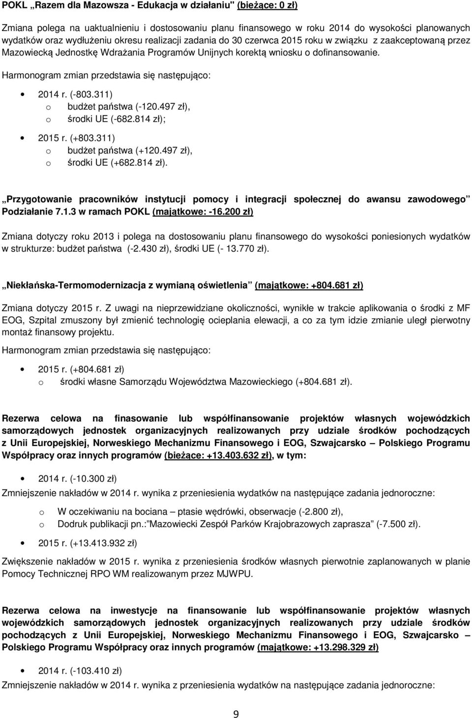 311) budżet państwa (-120.497 zł), śrdki UE (-682.814 zł); 2015 r. (+803.311) budżet państwa (+120.497 zł), śrdki UE (+682.814 zł). Przygtwanie pracwników instytucji pmcy i integracji spłecznej d awansu zawdweg Pdziałanie 7.