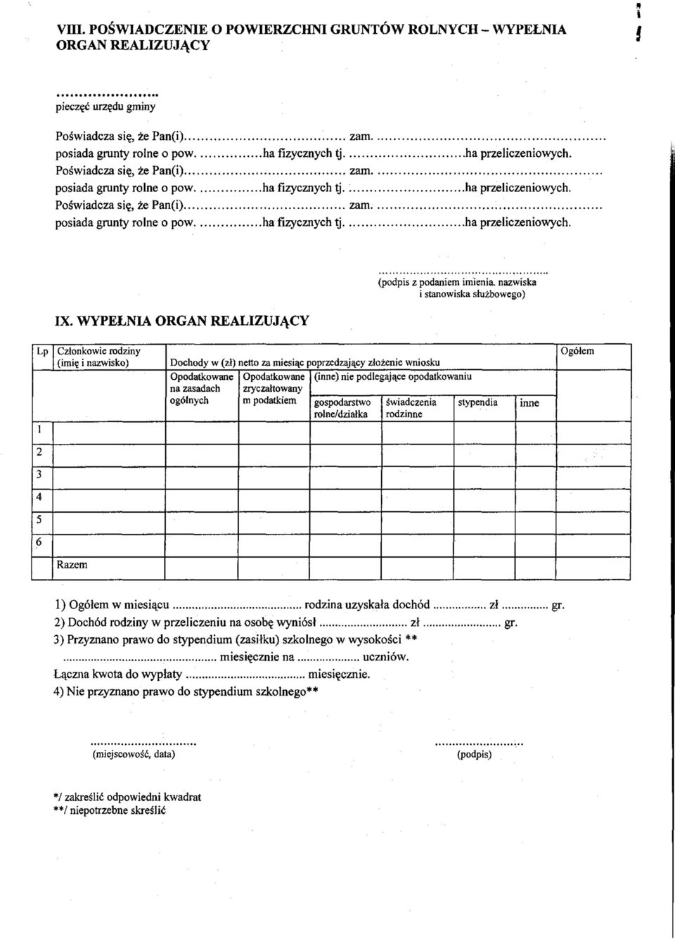 WYPEŁNIA ORGAN REALIZUJĄCY (podpis z podaniem imienia, nazwiska i stanowiska służbowego) Lp Członkowie rodziny (imię i nazwisko) 1 Dochody w (zł) netto za miesiąc poprzedzający złożenie wniosku