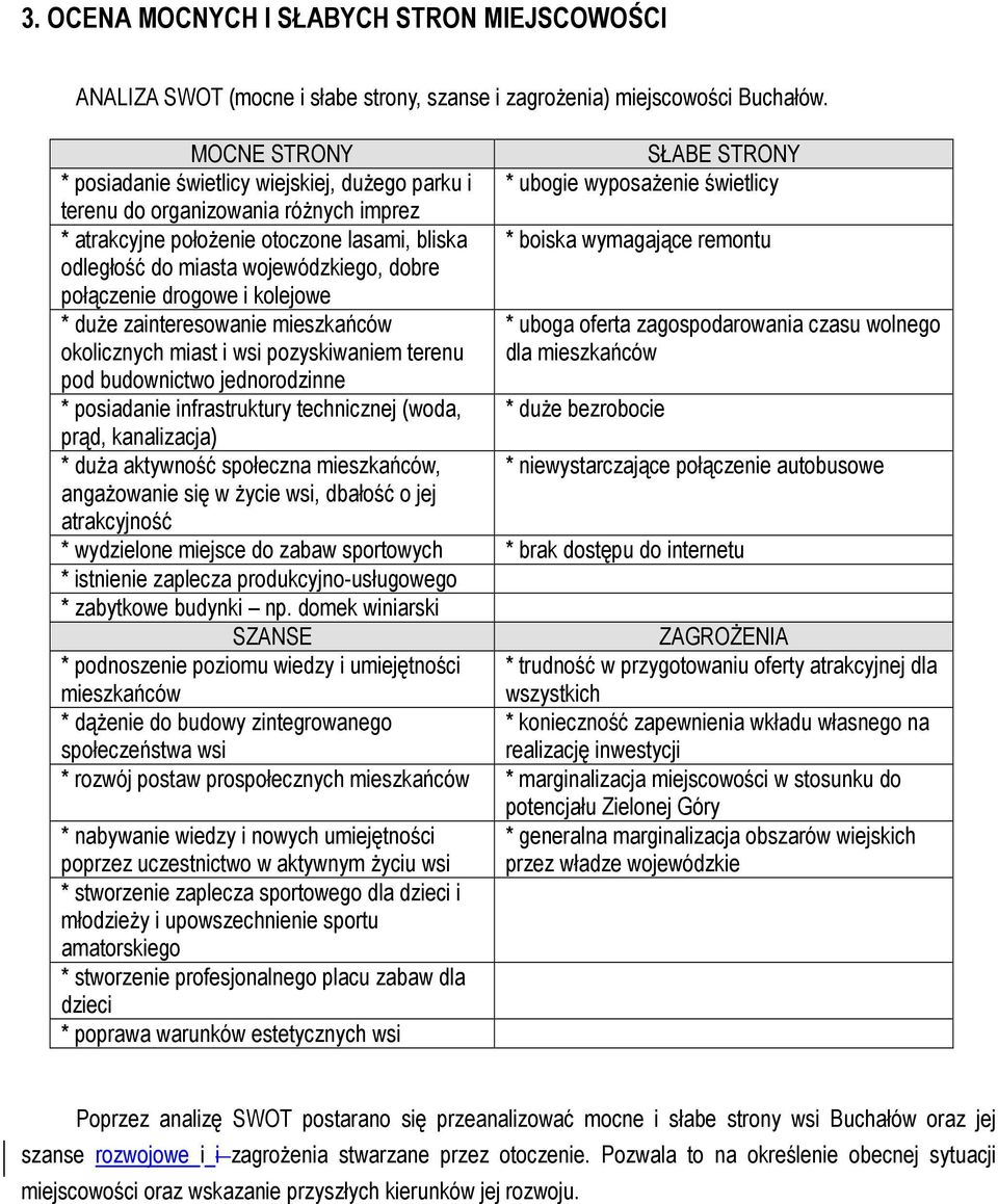 boiska wymagające remontu odległość do miasta wojewódzkiego, dobre połączenie drogowe i kolejowe * duże zainteresowanie mieszkańców * uboga oferta zagospodarowania czasu wolnego okolicznych miast i