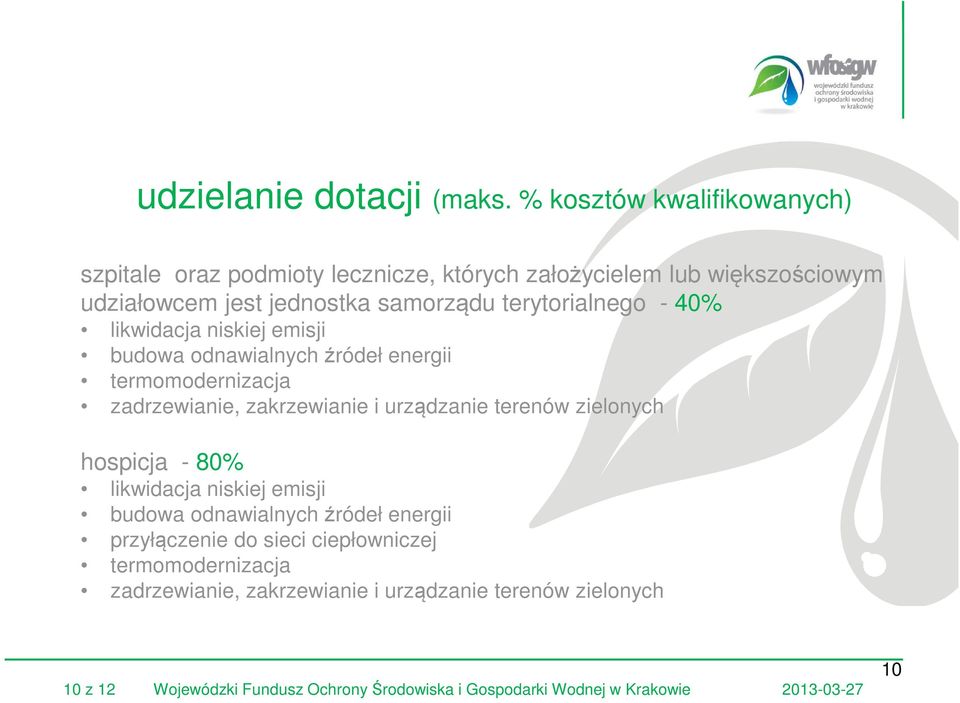 terytorialnego - 40% likwidacja niskiej emisji budowa odnawialnych źródeł energii termomodernizacja zadrzewianie, zakrzewianie i urządzanie terenów