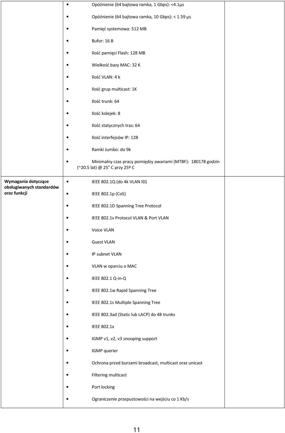 Ilość interfejsów IP: 128 Ramki Jumbo: do 9k Minimalny czas pracy pomiędzy awariami (MTBF): 180178 godzin (~20.