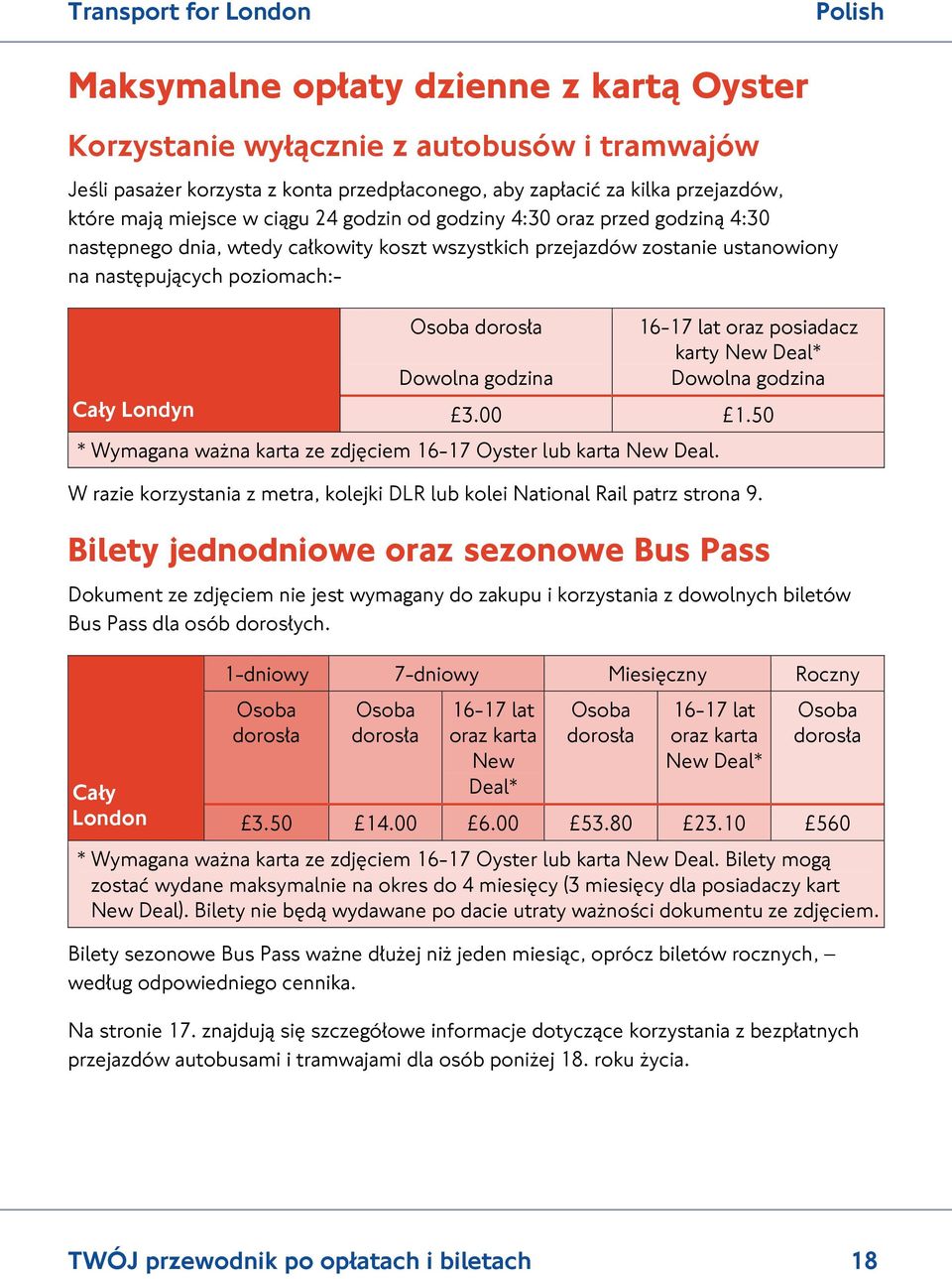 oraz posiadacz karty New Deal* Dowolna godzina Cały Londyn 3.00 1.50 * Wymagana ważna karta ze zdjęciem 16-17 Oyster lub karta New Deal.