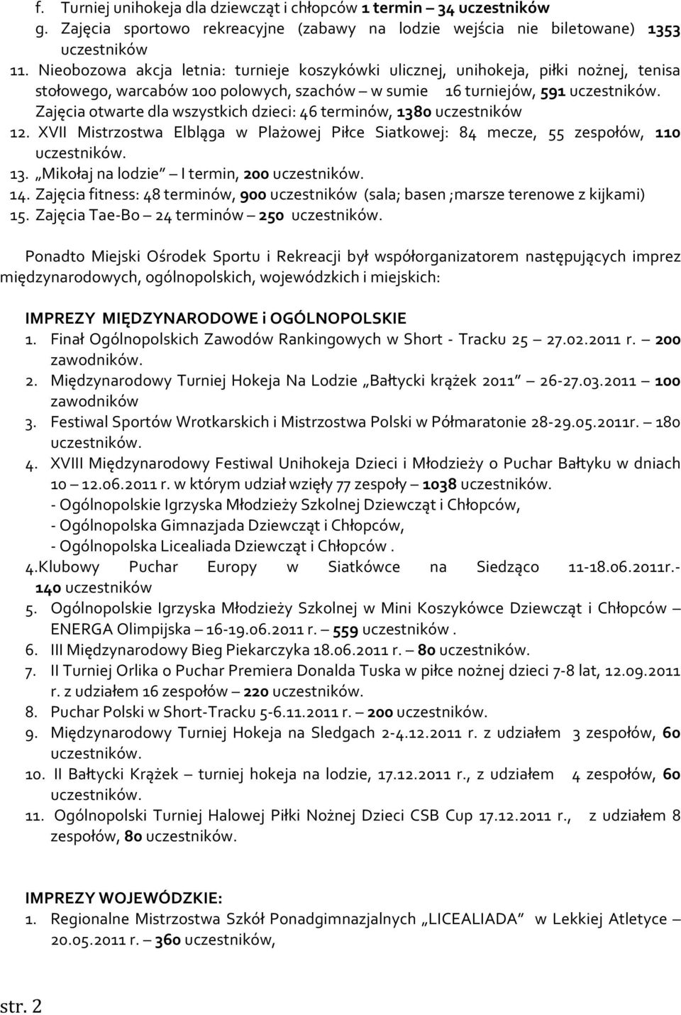 terminów, 1380 uczestników 12. XVII Mistrzostwa Elbląga w Plażowej Piłce Siatkowej: 84 mecze, 55 zespołów, 110 13. Mikołaj na lodzie I termin, 200 14.