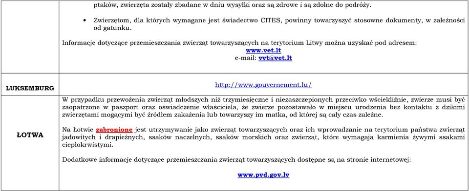Informacje dotyczące przemieszczania zwierząt towarzyszących na terytorium Litwy można uzyskać pod adresem: www.vet.lt e-mail: vvt@vet.lt LUKSEMBURG ŁOTWA http://www.gouvernement.