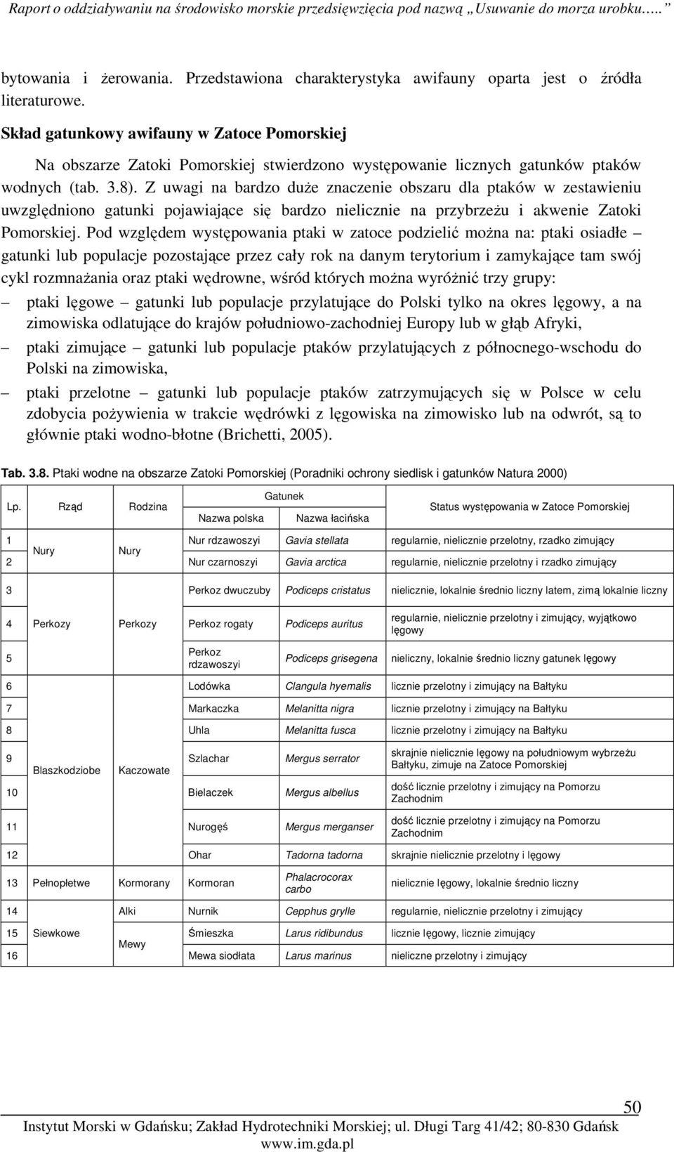 Z uwagi na bardzo duŝe znaczenie obszaru dla ptaków w zestawieniu uwzględniono gatunki pojawiające się bardzo nielicznie na przybrzeŝu i akwenie Zatoki Pomorskiej.