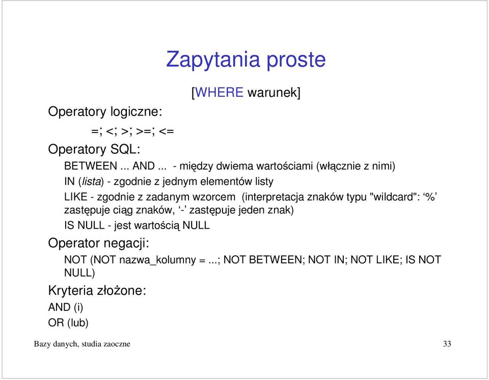 wzorcem (interpretacja znaków typu "wildcard": % zastpuje cig znaków, - zastpuje jeden znak) IS NULL - jest wartoci NULL