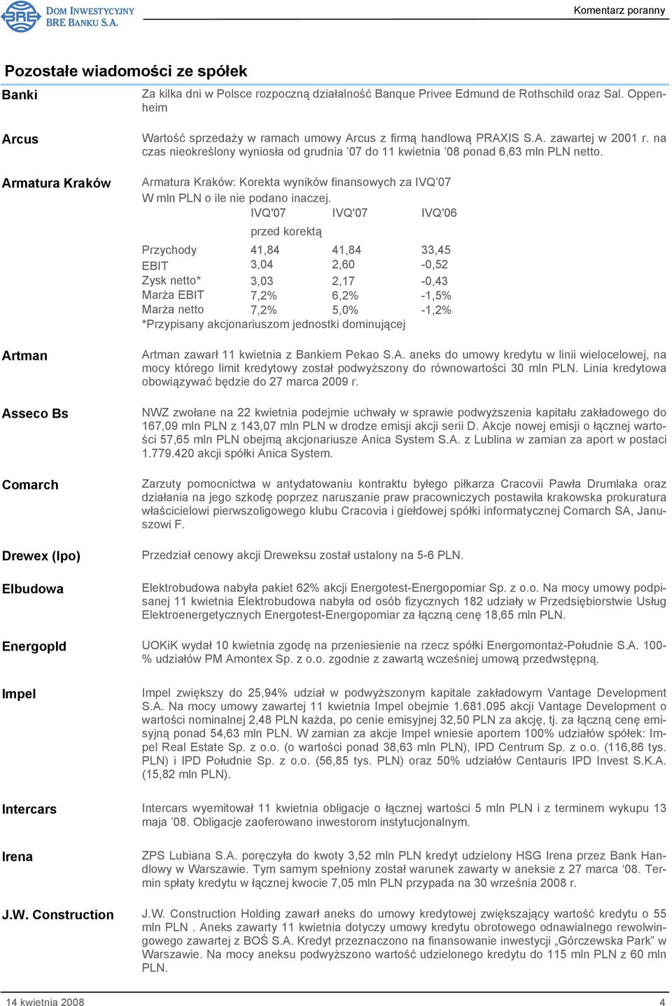 na czas nieokreślony wyniosła od grudnia 07 do 11 kwietnia 08 ponad 6,63 mln PLN netto. Armatura Kraków: Korekta wyników finansowych za IVQ 07 W mln PLN o ile nie podano inaczej.